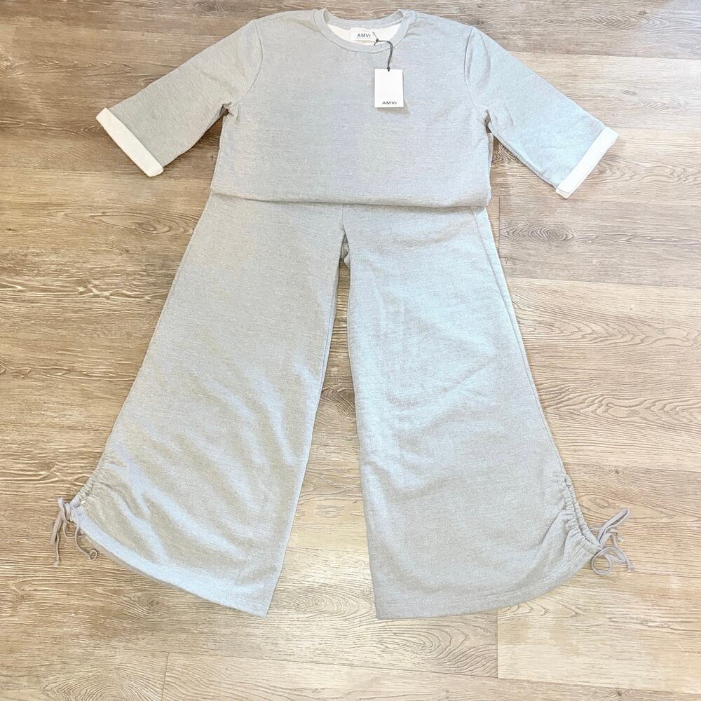 AMVi Collection Gray Wide Leg Ruched Pants Rolled Cuff Pullover Set Medium NWT